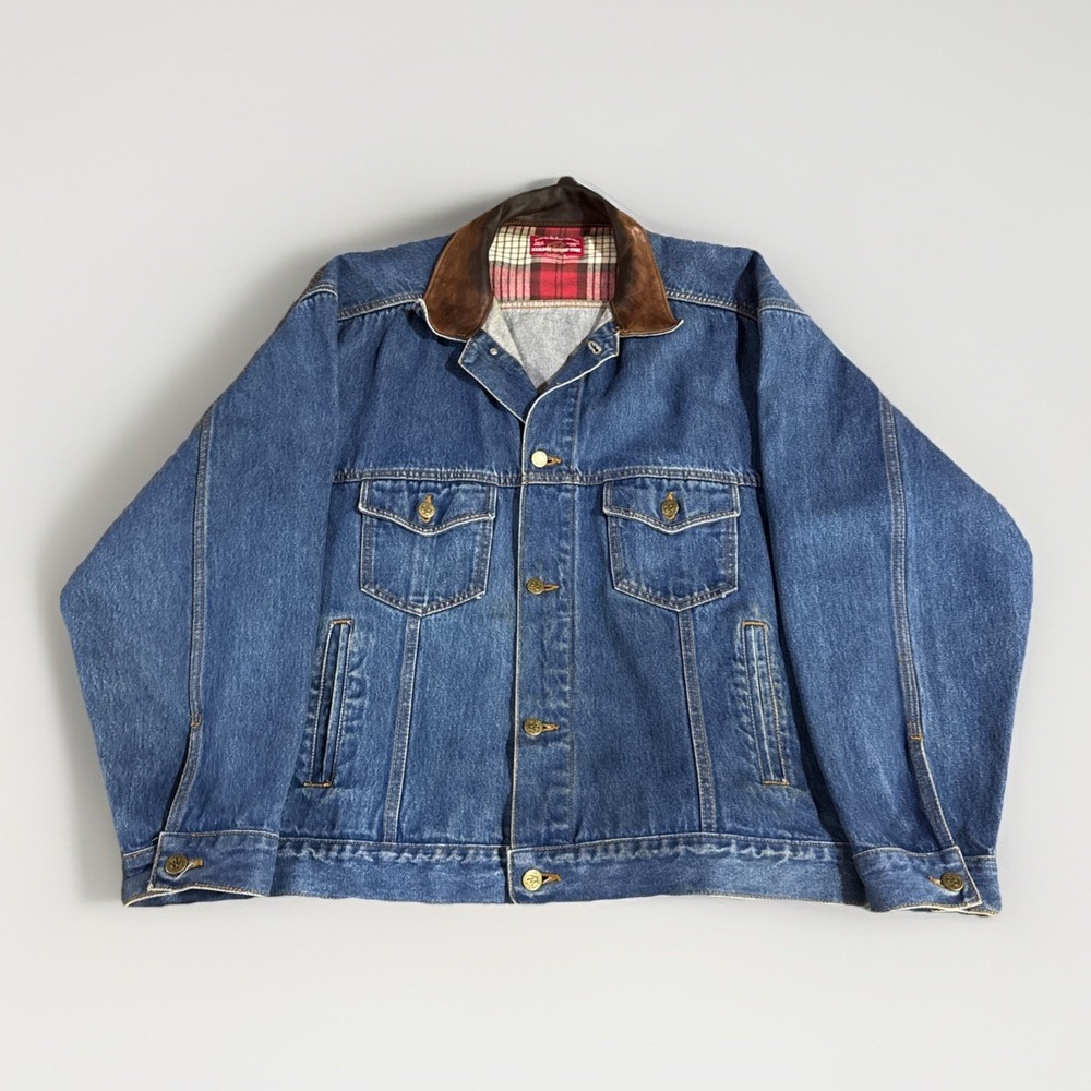 Vintage Marlboro Country Store Denim Jean Jacket Mens XL Leather Collar Ranch